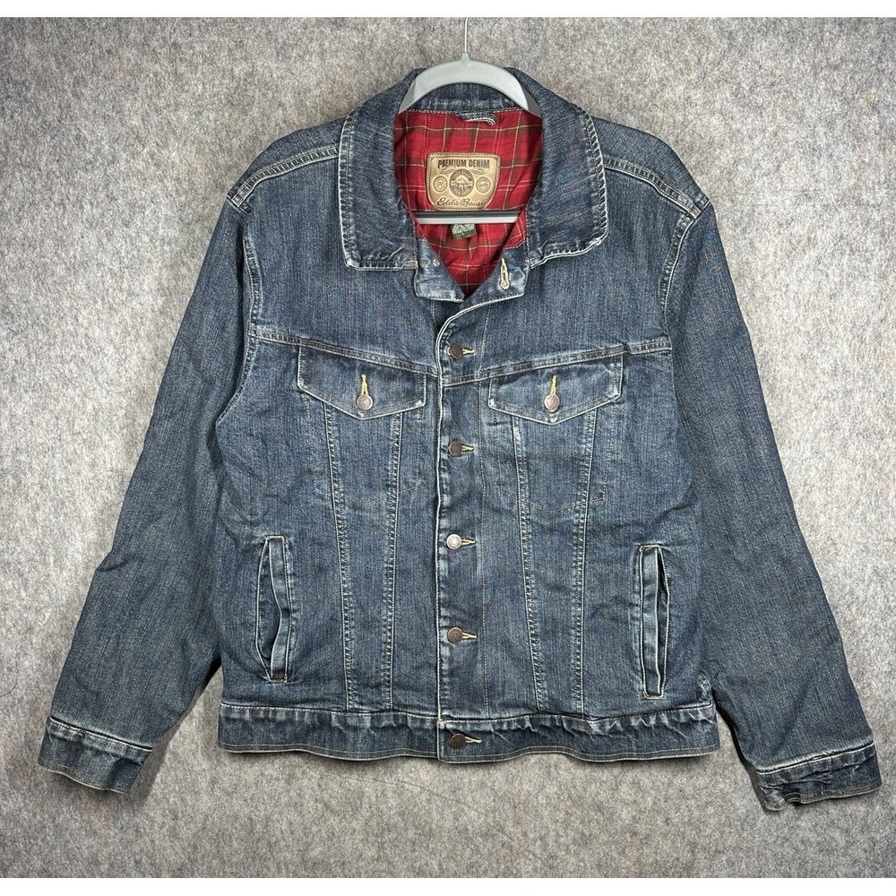 Eddie Bauer Premium Denim Jacket Mens Large Flannel Lined Trucker Blue